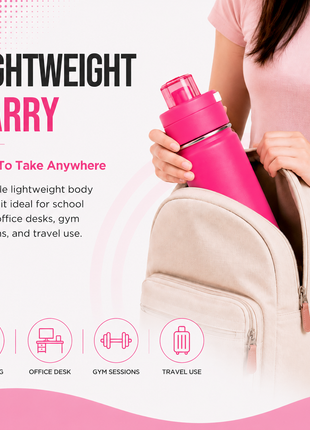 600ml Vacuum Sports Water Bottle with Locking Flip Lid Neon Pink