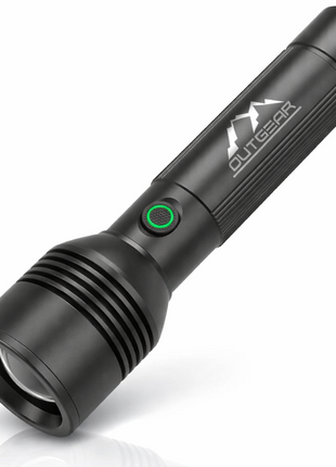 OUTGEAR Rechargeable LED Flashlight 2200mAh USB-C 5 Modes Black 16.5cm 200g with Arm Strap