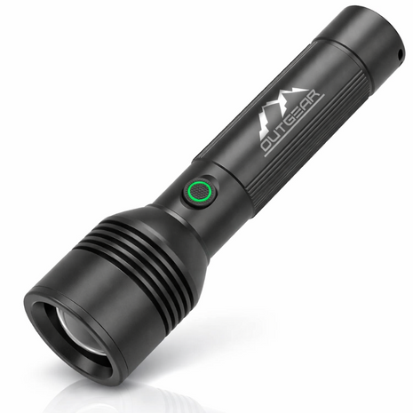 OUTGEAR Rechargeable LED Flashlight 2200mAh USB-C 5 Modes Black 16.5cm 200g with Arm Strap