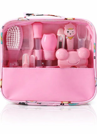 13-Piece Baby Grooming Kit – Infant Healthcare & Nail Care Set with Thermometer, Brush, Scissors – Pink Travel Handbag
