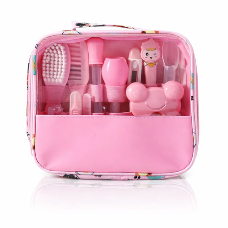 13-Piece Baby Grooming Kit – Infant Healthcare & Nail Care Set with Thermometer, Brush, Scissors – Pink Travel Handbag