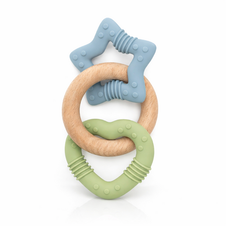 Baby Teether Ring – Food-Grade Silicone & Beechwood – Star & Heart Shapes – Multicolour