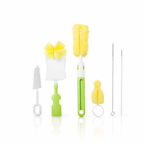 5-Piece Baby Bottle Brush Set – Sponge + PP – Bottle, Nipple, Pacifier, Straw Cleaning