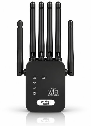 WiFi Extender Repeater 1200Mbps Dual Band – 6 Antennas Signal Booster with 2 LAN Ports – Covers up to 10000 Sq.Ft Black