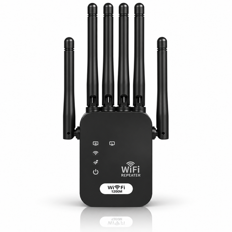 WiFi Extender Repeater 1200Mbps Dual Band – 6 Antennas Signal Booster with 2 LAN Ports – Covers up to 10000 Sq.Ft Black