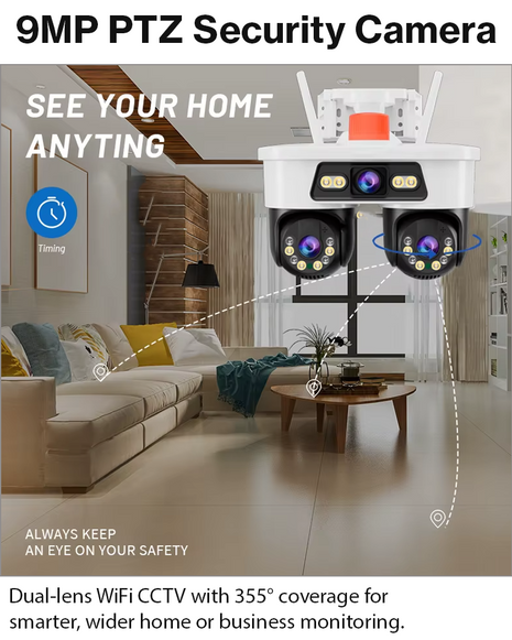 9MP Dual Lens PTZ WiFi CCTV Camera IP66 Outdoor 355° Pan Full Color Night Vision Two-Way Audio H.265 12V