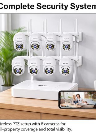 Wireless PTZ Security Camera System with Monitor, 1080p 2MP, 8 Cameras, Two-Way Audio, Color Night Vision, IP66 Wi-Fi NVR