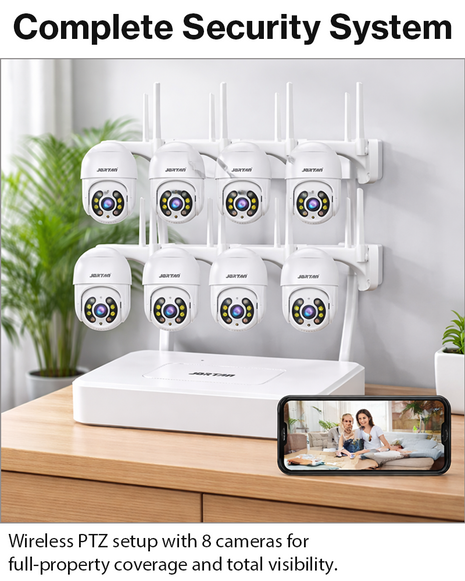 Wireless PTZ Security Camera System with Monitor, 1080p 2MP, 8 Cameras, Two-Way Audio, Color Night Vision, IP66 Wi-Fi NVR