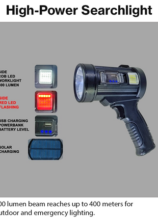 Rechargeable LED Searchlight  USB-C Solar Charging