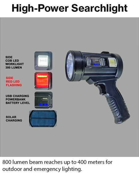 Rechargeable LED Searchlight  USB-C Solar Charging