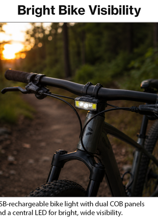 USB Rechargeable Bicycle Headlight – COB + LED, Battery Indicator, Tool-Free Handlebar Strap Mount