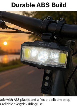 USB Rechargeable Bicycle Headlight – COB + LED, Battery Indicator, Tool-Free Handlebar Strap Mount