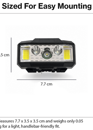 USB Rechargeable Bicycle Headlight – COB + LED, Battery Indicator, Tool-Free Handlebar Strap Mount