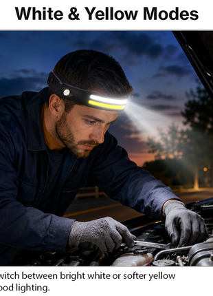 Multifunction Induction Headlamp – Motion-Sensor LED + White & Yellow COB, USB-C Rechargeable Hands-Free Head Torch