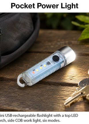 Mini USB Rechargeable LED Flashlight – Side COB Work Light + Top Torch, Keychain Pocket Light