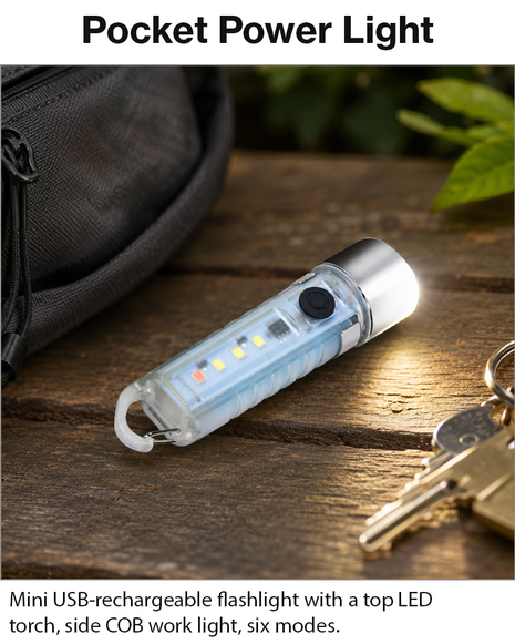 Mini USB Rechargeable LED Flashlight – Side COB Work Light + Top Torch, Keychain Pocket Light