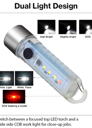 Mini USB Rechargeable LED Flashlight – Side COB Work Light + Top Torch, Keychain Pocket Light