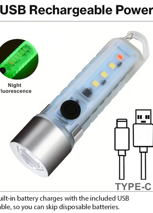 Mini USB Rechargeable LED Flashlight – Side COB Work Light + Top Torch, Keychain Pocket Light