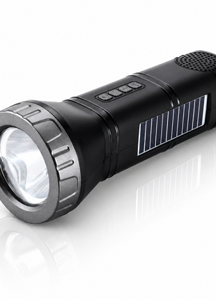 Portable  Grey Solar Rechargeable LED Flashlight Speaker with FM Radio, Bluetooth 5.3, TWS Pairing, USB/TF Playback