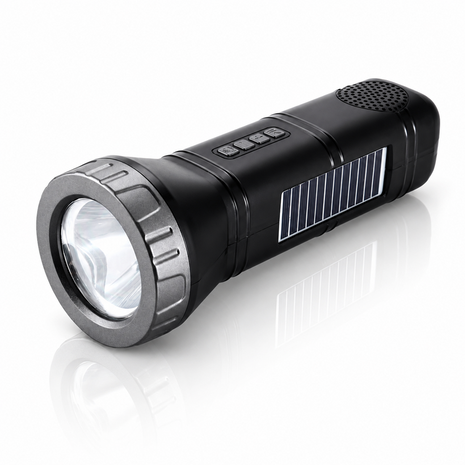 Portable  Grey Solar Rechargeable LED Flashlight Speaker with FM Radio, Bluetooth 5.3, TWS Pairing, USB/TF Playback