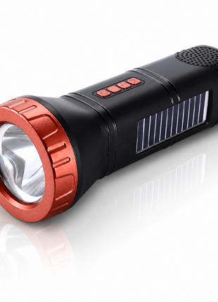 Portable  Red Solar Rechargeable LED Flashlight Speaker with FM Radio, Bluetooth 5.3, TWS Pairing, USB/TF Playback