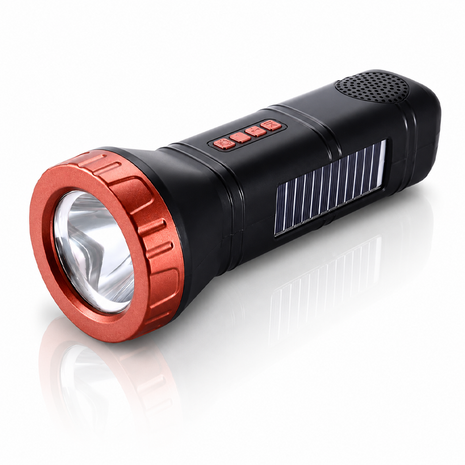 Portable  Red Solar Rechargeable LED Flashlight Speaker with FM Radio, Bluetooth 5.3, TWS Pairing, USB/TF Playback