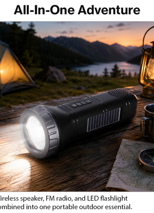 Portable  Grey Solar Rechargeable LED Flashlight Speaker with FM Radio, Bluetooth 5.3, TWS Pairing, USB/TF Playback