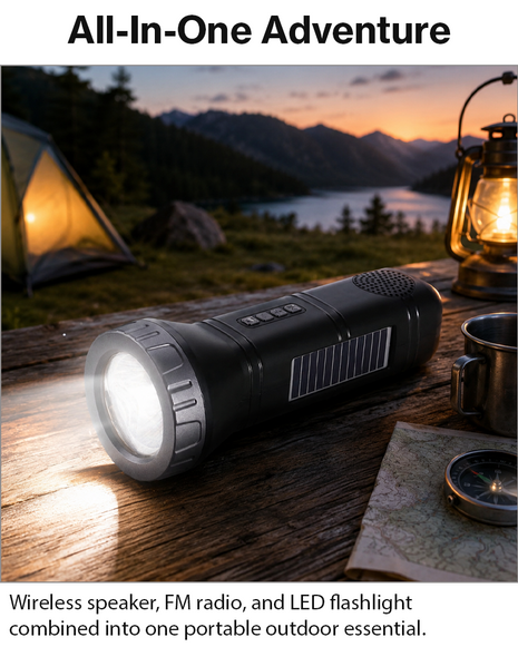 Portable  Grey Solar Rechargeable LED Flashlight Speaker with FM Radio, Bluetooth 5.3, TWS Pairing, USB/TF Playback