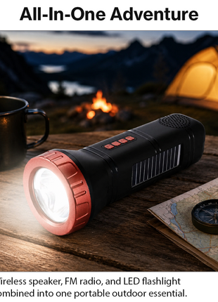 Portable  Red Solar Rechargeable LED Flashlight Speaker with FM Radio, Bluetooth 5.3, TWS Pairing, USB/TF Playback