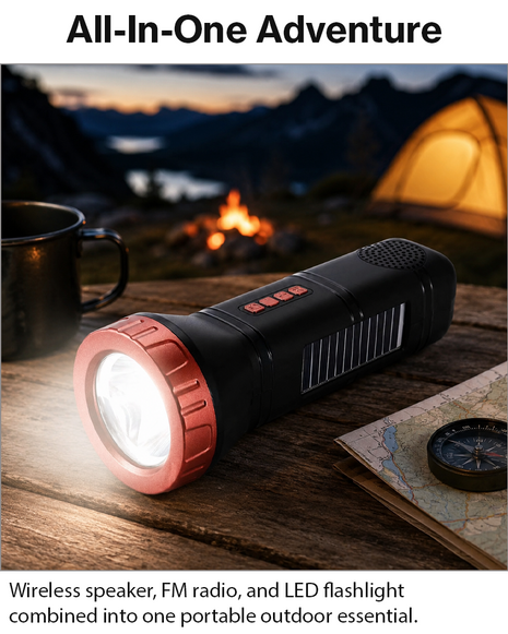Portable  Red Solar Rechargeable LED Flashlight Speaker with FM Radio, Bluetooth 5.3, TWS Pairing, USB/TF Playback
