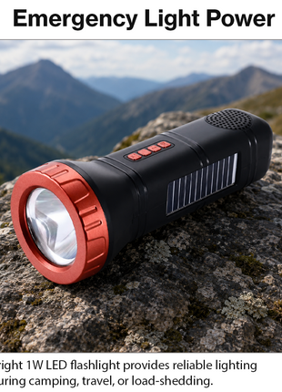 Portable  Red Solar Rechargeable LED Flashlight Speaker with FM Radio, Bluetooth 5.3, TWS Pairing, USB/TF Playback