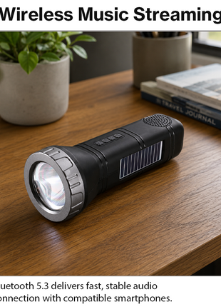 Portable  Grey Solar Rechargeable LED Flashlight Speaker with FM Radio, Bluetooth 5.3, TWS Pairing, USB/TF Playback