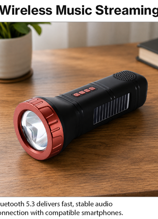 Portable  Red Solar Rechargeable LED Flashlight Speaker with FM Radio, Bluetooth 5.3, TWS Pairing, USB/TF Playback