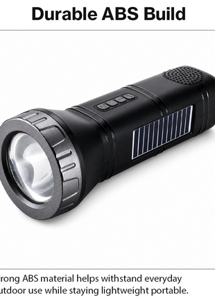 Portable  Grey Solar Rechargeable LED Flashlight Speaker with FM Radio, Bluetooth 5.3, TWS Pairing, USB/TF Playback