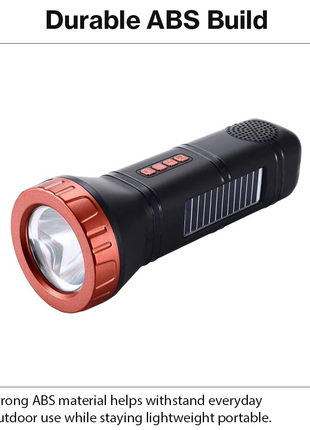 Portable  Red Solar Rechargeable LED Flashlight Speaker with FM Radio, Bluetooth 5.3, TWS Pairing, USB/TF Playback