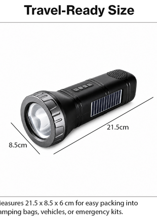 Portable  Grey Solar Rechargeable LED Flashlight Speaker with FM Radio, Bluetooth 5.3, TWS Pairing, USB/TF Playback