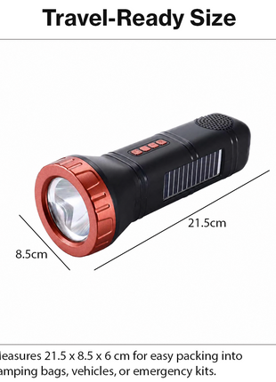 Portable  Red Solar Rechargeable LED Flashlight Speaker with FM Radio, Bluetooth 5.3, TWS Pairing, USB/TF Playback