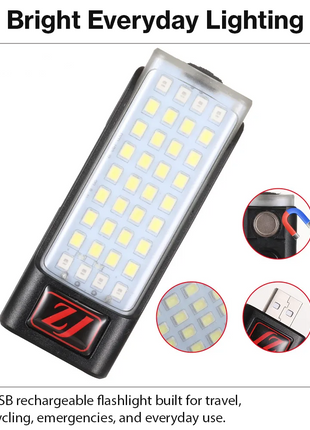 Portable USB Rechargeable LED Flashlight with Digital Battery Display, Red Warning Light & Clip-On Design