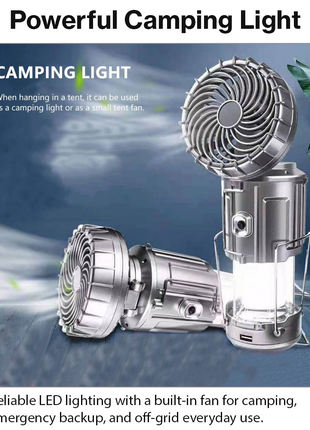30W Solar Rechargeable Camping LED Light with Fan – ABS Portable Lantern, Bright/Dim Modes, 110-220V C7 Charging