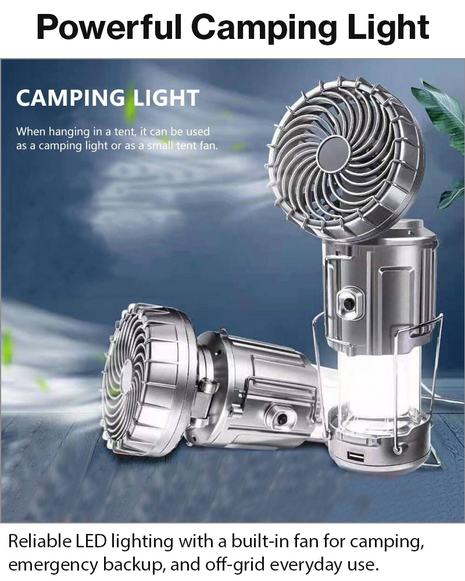 30W Solar Rechargeable Camping LED Light with Fan – ABS Portable Lantern, Bright/Dim Modes, 110-220V C7 Charging