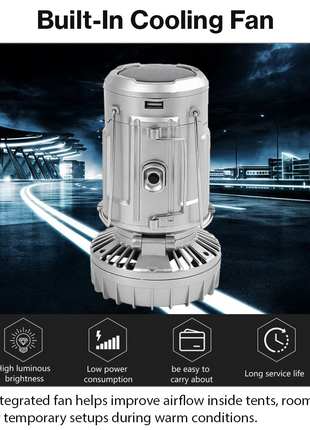 30W Solar Rechargeable Camping LED Light with Fan – ABS Portable Lantern, Bright/Dim Modes, 110-220V C7 Charging