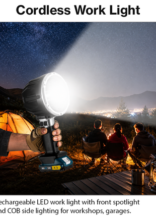 18V Rechargeable Multifunctional Super Bright LED Work Light with COB Side Light, Flashing Modes, USB-C Cable & Li-ion Battery
