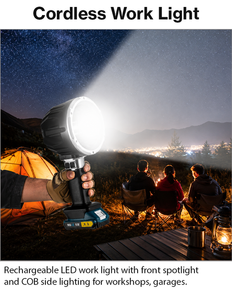 18V Rechargeable Multifunctional Super Bright LED Work Light with COB Side Light, Flashing Modes, USB-C Cable & Li-ion Battery