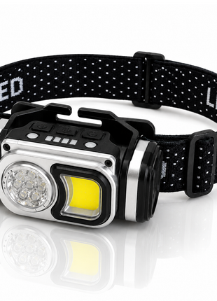 Rechargeable LED + COB Headlamp – Dual-Cell, Battery-Level Display, Sensor Mode & Adjustable Tilt