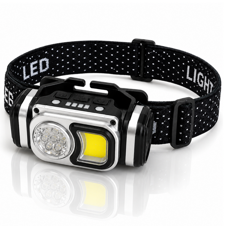 Rechargeable LED + COB Headlamp – Dual-Cell, Battery-Level Display, Sensor Mode & Adjustable Tilt