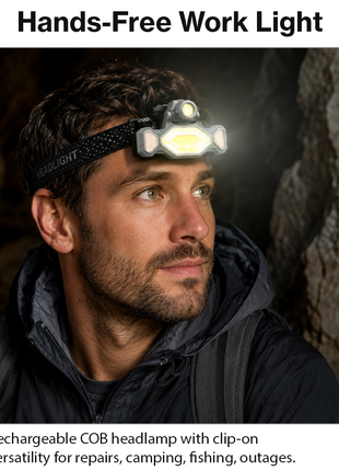 Rechargeable COB Work Light & Headlamp – Multi-Mode Floodlight + LED Spotlight, Headband & Clip