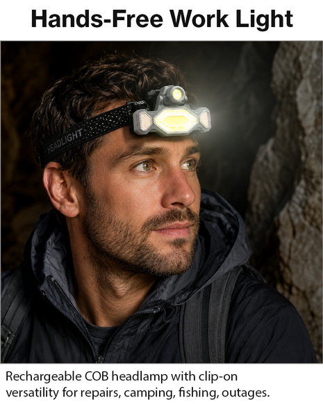Rechargeable COB Work Light & Headlamp – Multi-Mode Floodlight + LED Spotlight, Headband & Clip