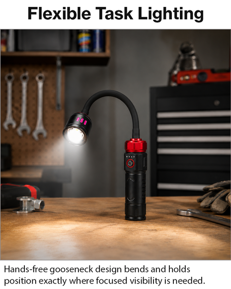 Flexible Gooseneck LED Flashlight Work Light – Zoomable Focus Head with Bendable Arm