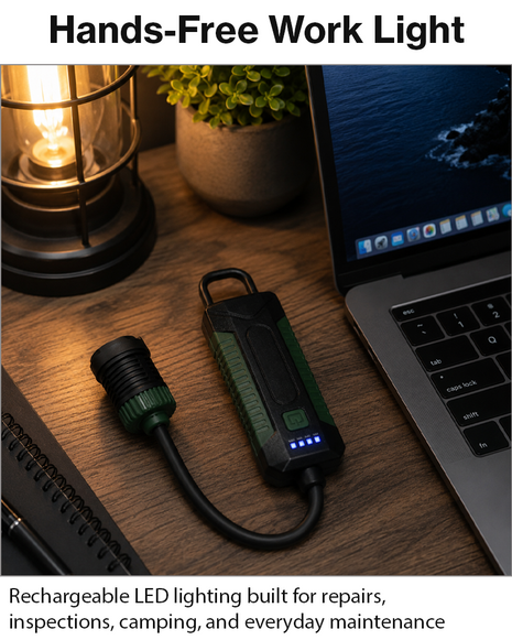 Portable Rechargeable LED Work Light with Magnetic Base, 360° Flexible Hose, Hook & USB-C Charging