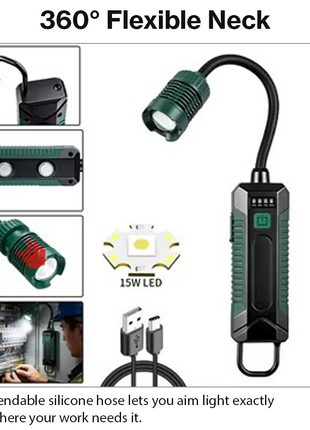 Portable Rechargeable LED Work Light with Magnetic Base, 360° Flexible Hose, Hook & USB-C Charging